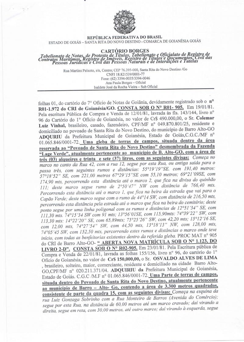 Cidade De Santa Rita Do Novo Destino Recebe Escritura De Registro De